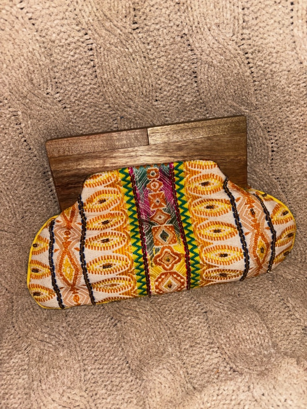 Chloe & Lex Boho Wooden Frame Clutch Colorful Embroidered Woven Fabric - Picture 2 of 6